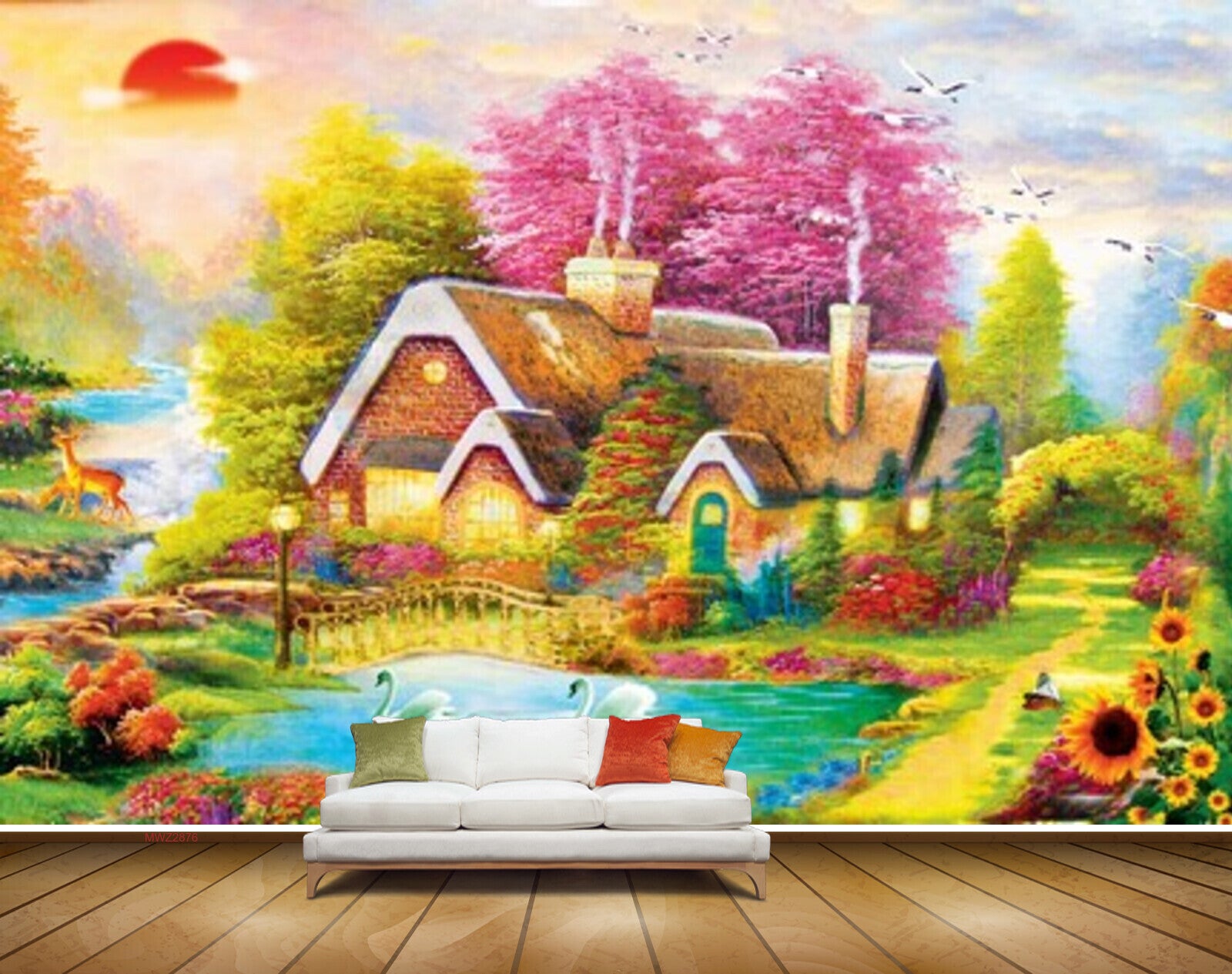 Avikalp MWZ2876 Sun Birds House Trees Pink Green Leaves Cranes Lake Pond Water Deers Lamps Bridge Painting HD Wallpaper