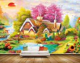 Avikalp MWZ2876 Sun Birds House Trees Pink Green Leaves Cranes Lake Pond Water Deers Lamps Bridge Painting HD Wallpaper