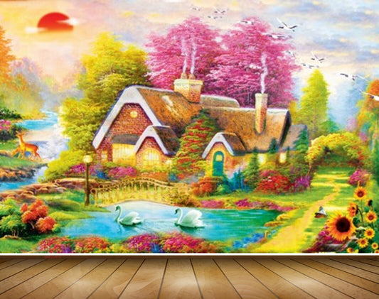 Avikalp MWZ2876 Sun Birds House Trees Pink Green Leaves Cranes Lake Pond Water Deers Lamps Bridge Painting HD Wallpaper