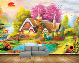 Avikalp MWZ2876 Sun Birds House Trees Pink Green Leaves Cranes Lake Pond Water Deers Lamps Bridge Painting HD Wallpaper