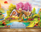 Avikalp MWZ2876 Sun Birds House Trees Pink Green Leaves Cranes Lake Pond Water Deers Lamps Bridge Painting HD Wallpaper