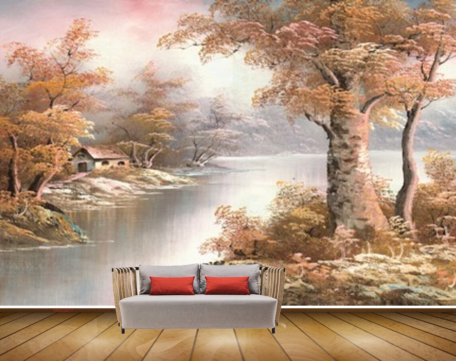 Avikalp MWZ2877 Trees House Clouds Lake River Water Painting HD Wallpaper