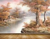 Avikalp MWZ2877 Trees House Clouds Lake River Water Painting HD Wallpaper