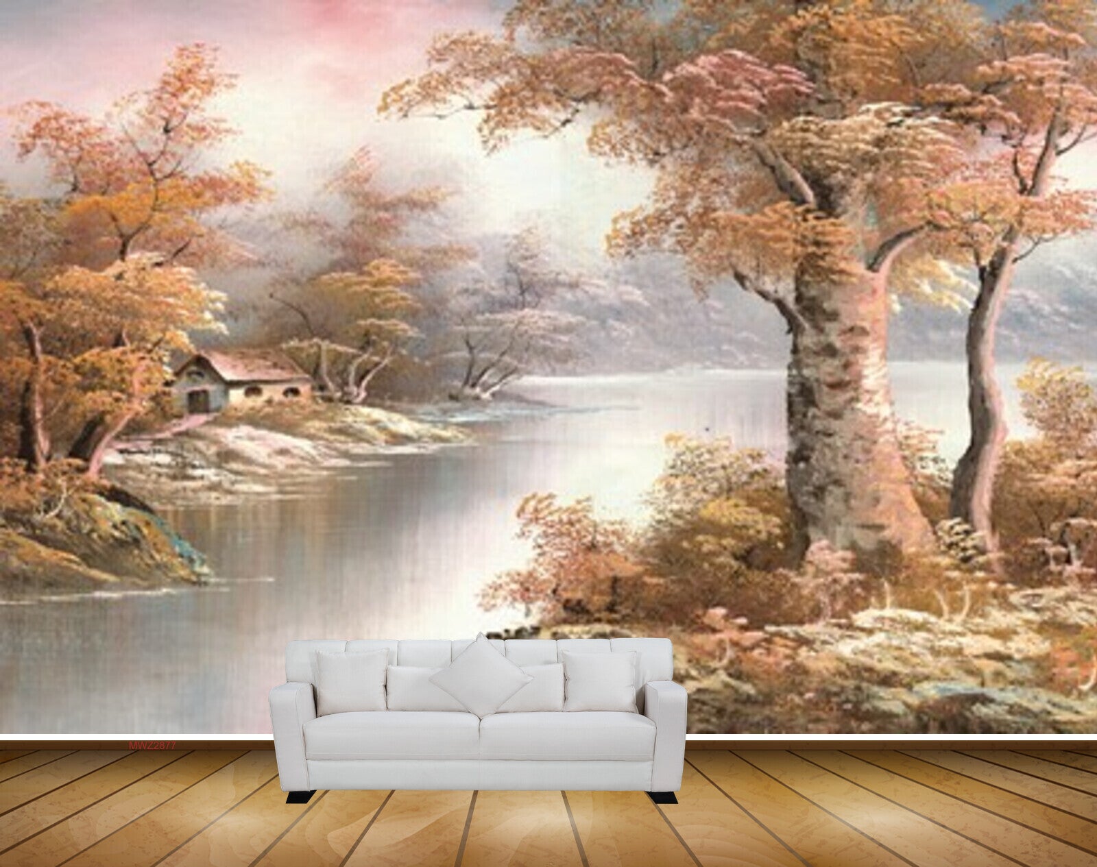 Avikalp MWZ2877 Trees House Clouds Lake River Water Painting HD Wallpaper