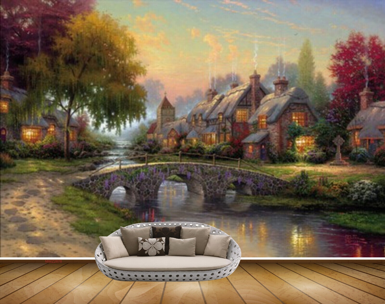 Avikalp MWZ2878 Sky Houses Trees Culverts Bridge River Pond Water Road Stones Painting HD Wallpaper