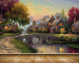 Avikalp MWZ2878 Sky Houses Trees Culverts Bridge River Pond Water Road Stones Painting HD Wallpaper