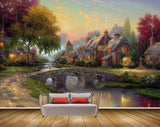 Avikalp MWZ2878 Sky Houses Trees Culverts Bridge River Pond Water Road Stones Painting HD Wallpaper