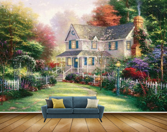 Avikalp MWZ2881 Houses Trees Flowers Grass Garden Plants Painting HD Wallpaper