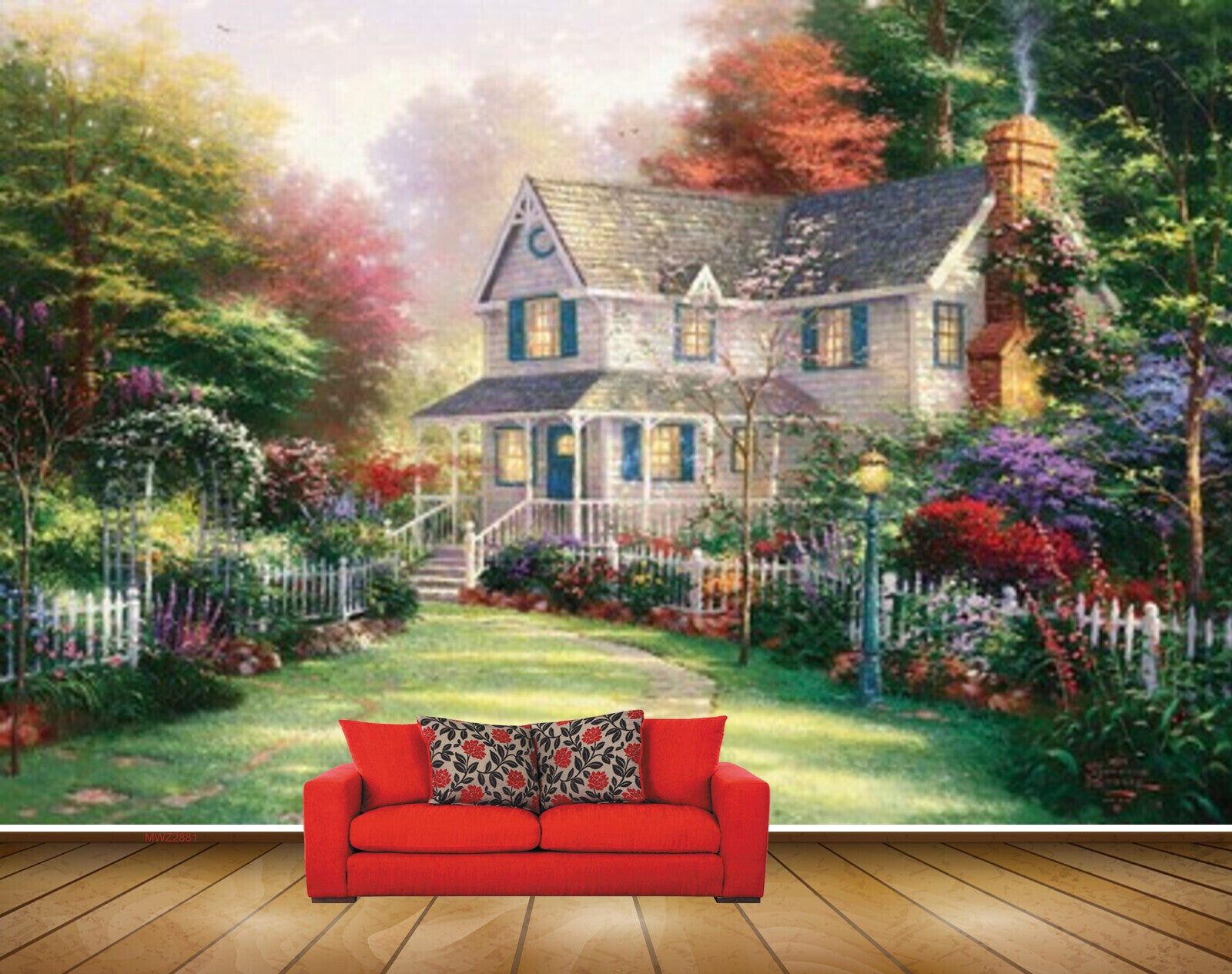 Avikalp MWZ2881 Houses Trees Flowers Grass Garden Plants Painting HD Wallpaper