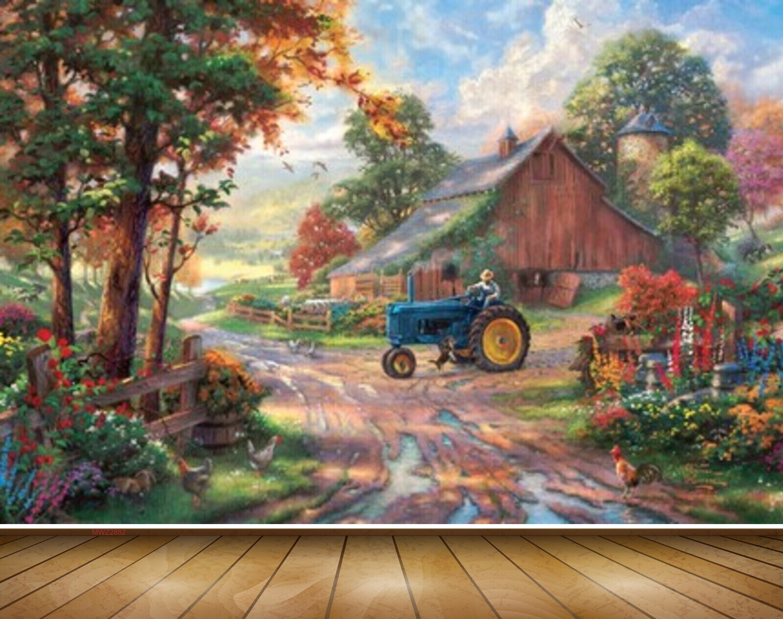 Avikalp MWZ2882 House Trees Flowers Tractor Man Hens Dog Grass Plants Off Road Painting HD Wallpaper