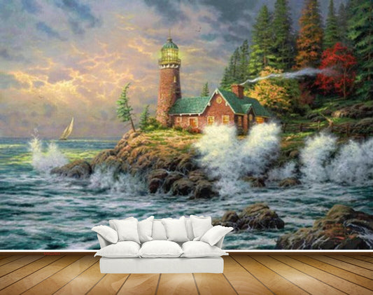 Avikalp MWZ2883 Clouds Trees Stones Boat Houses Light House Sea Water Ocean Painting HD Wallpaper