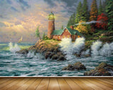 Avikalp MWZ2883 Clouds Trees Stones Boat Houses Light House Sea Water Ocean Painting HD Wallpaper