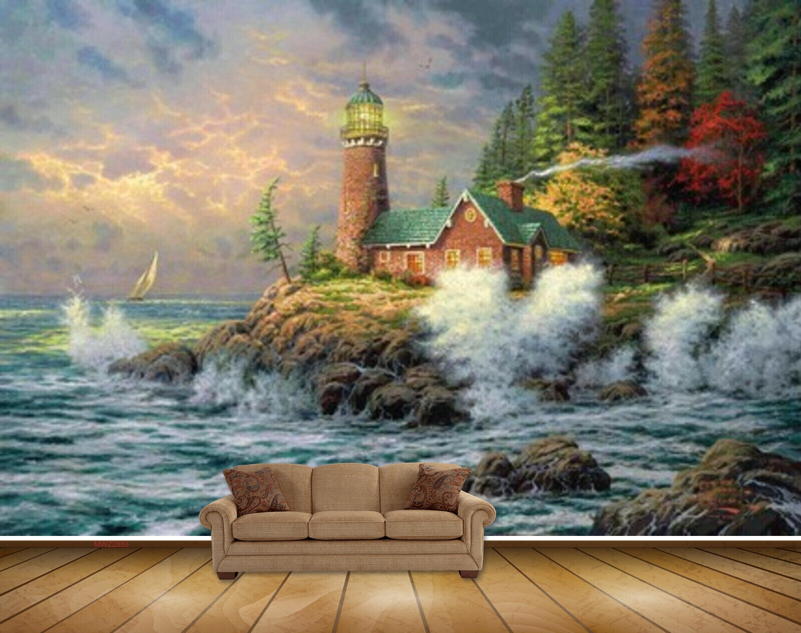 Avikalp MWZ2883 Clouds Trees Stones Boat Houses Light House Sea Water Ocean Painting HD Wallpaper