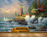Avikalp MWZ2883 Clouds Trees Stones Boat Houses Light House Sea Water Ocean Painting HD Wallpaper