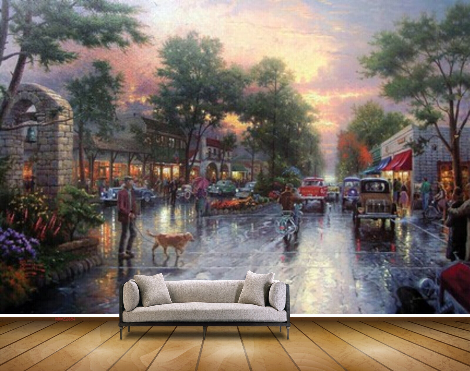 Avikalp MWZ2884 Clouds Trees Buildings Houses People Dog Road Bike Cars City Painting HD Wallpaper