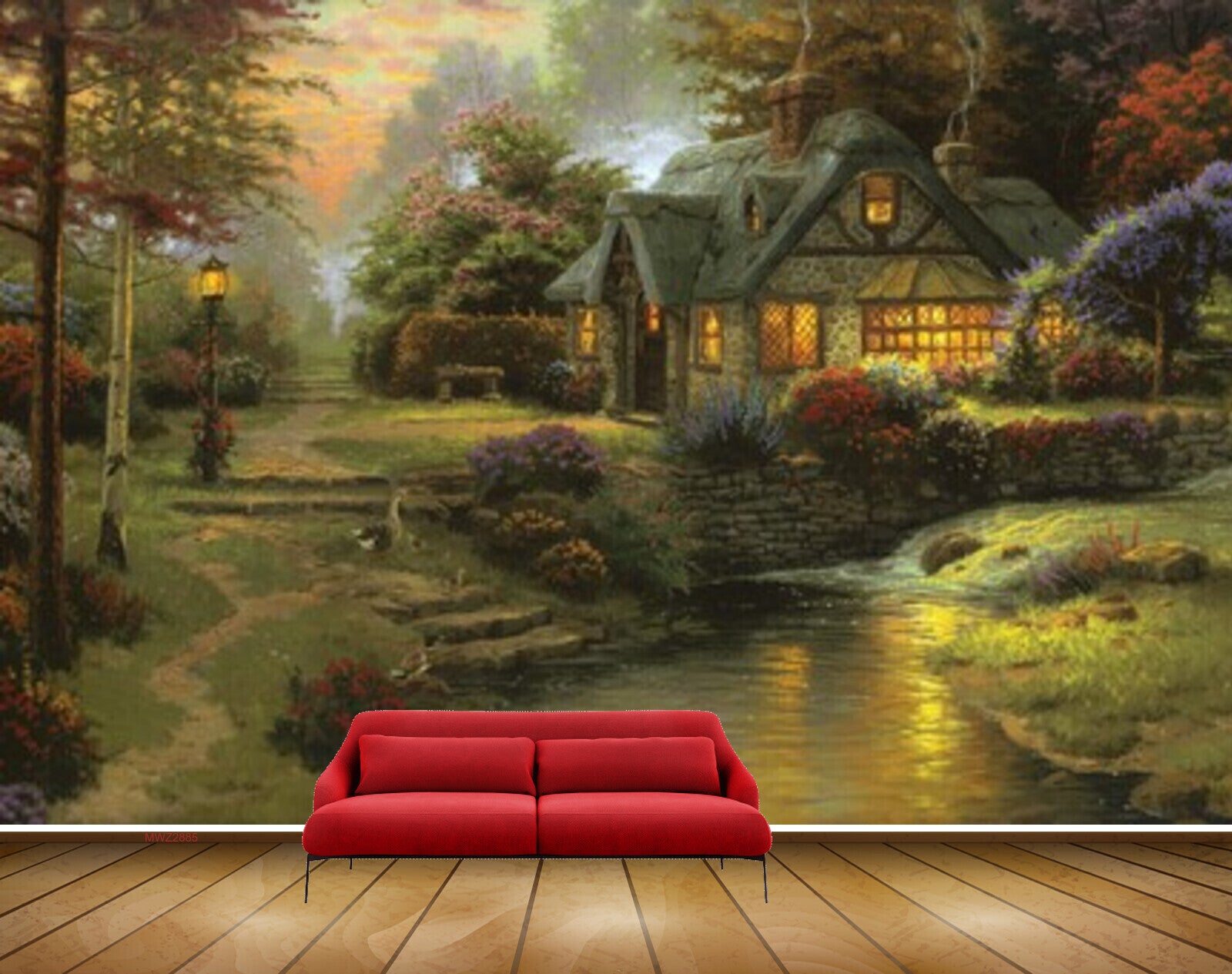 Avikalp MWZ2885 House Trees Lamps Grass Lake Pond Water Ducks Flowers Painting HD Wallpaper