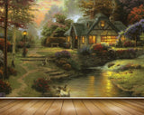Avikalp MWZ2885 House Trees Lamps Grass Lake Pond Water Ducks Flowers Painting HD Wallpaper