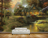 Avikalp MWZ2885 House Trees Lamps Grass Lake Pond Water Ducks Flowers Painting HD Wallpaper