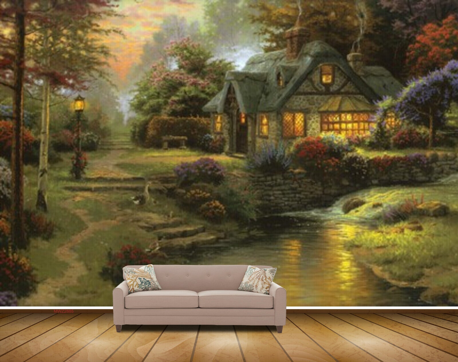 Avikalp MWZ2885 House Trees Lamps Grass Lake Pond Water Ducks Flowers Painting HD Wallpaper