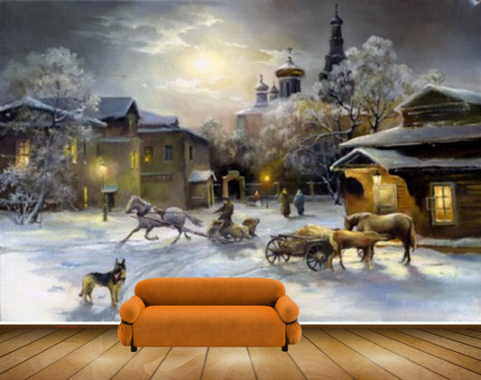 Avikalp MWZ2886 Moon Horses Dogs Houses Trees Snow Sky Clouds Painting HD Wallpaper