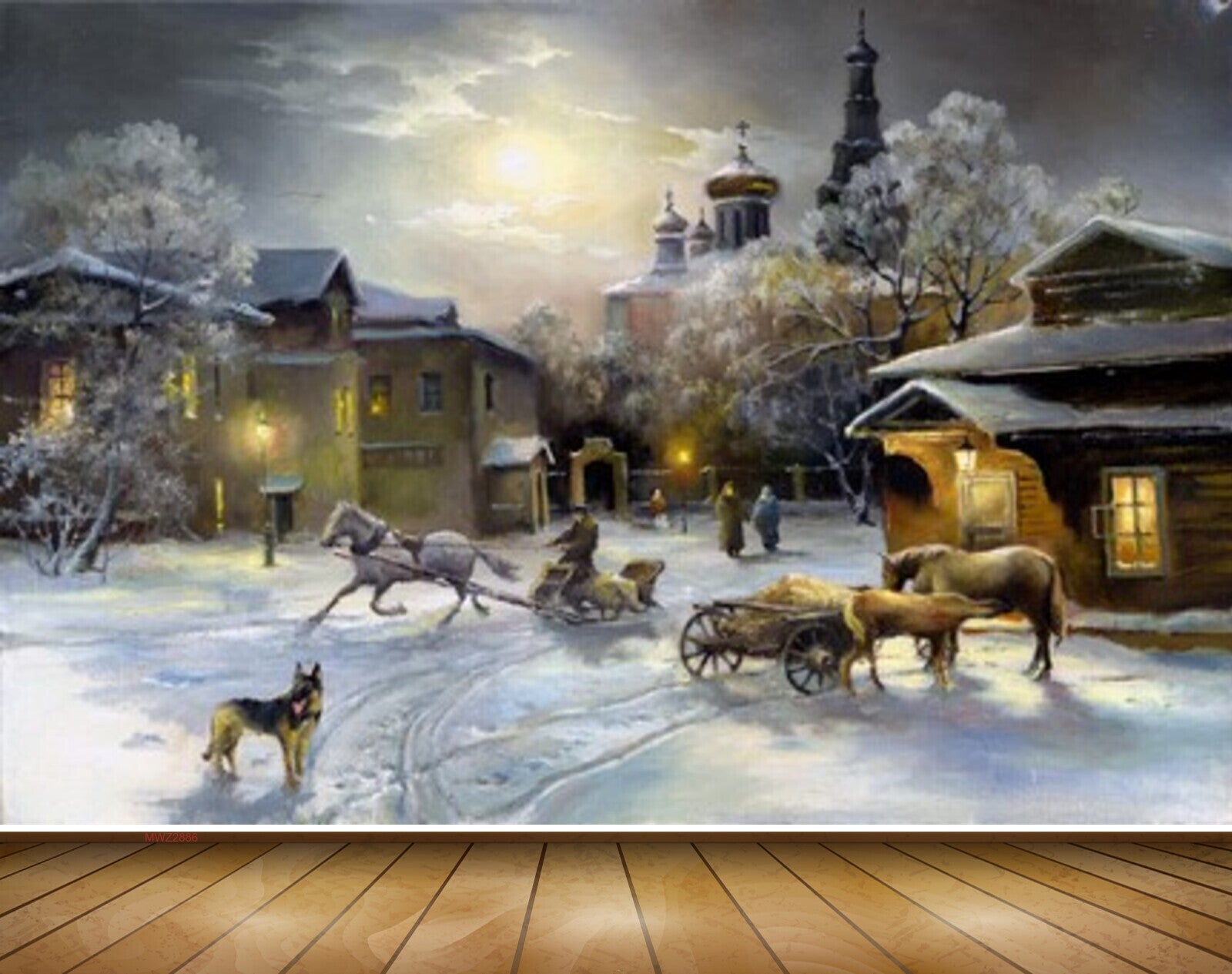 Avikalp MWZ2886 Moon Horses Dogs Houses Trees Snow Sky Clouds Painting HD Wallpaper