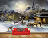 Avikalp MWZ2886 Moon Horses Dogs Houses Trees Snow Sky Clouds Painting HD Wallpaper