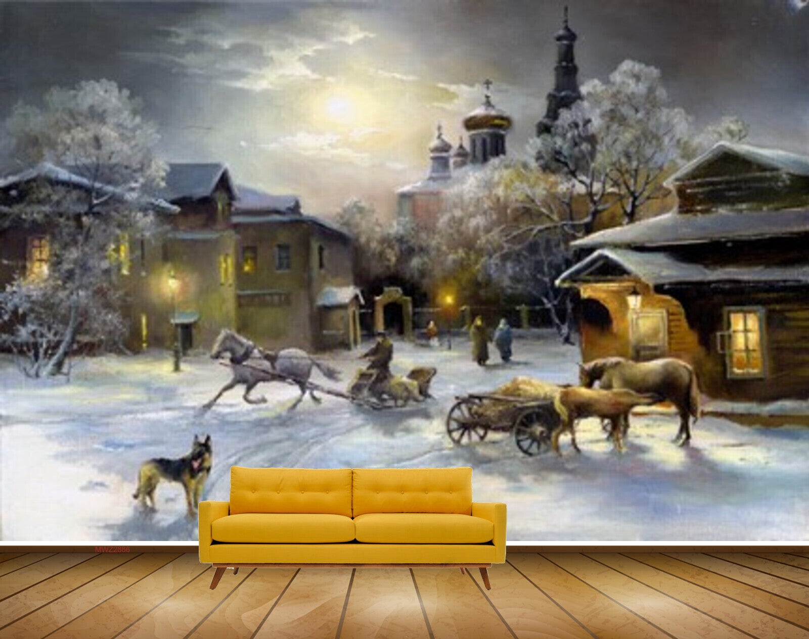 Avikalp MWZ2886 Moon Horses Dogs Houses Trees Snow Sky Clouds Painting HD Wallpaper