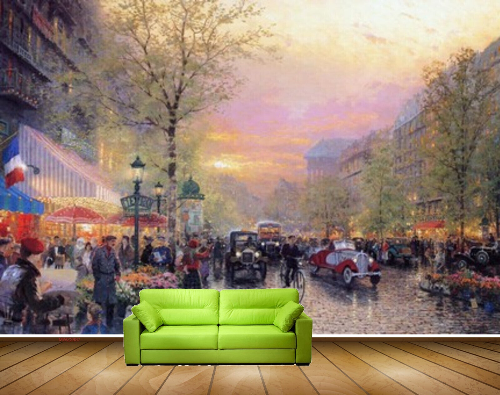 Avikalp MWZ2887 Clouds Trees Road Cars People Lamps Market Place City Travel Painting HD Wallpaper