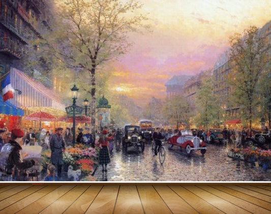 Avikalp MWZ2887 Clouds Trees Road Cars People Lamps Market Place City Travel Painting HD Wallpaper
