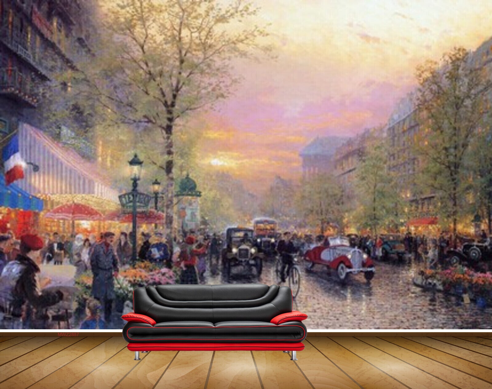 Avikalp MWZ2887 Clouds Trees Road Cars People Lamps Market Place City Travel Painting HD Wallpaper