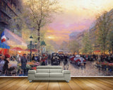 Avikalp MWZ2887 Clouds Trees Road Cars People Lamps Market Place City Travel Painting HD Wallpaper