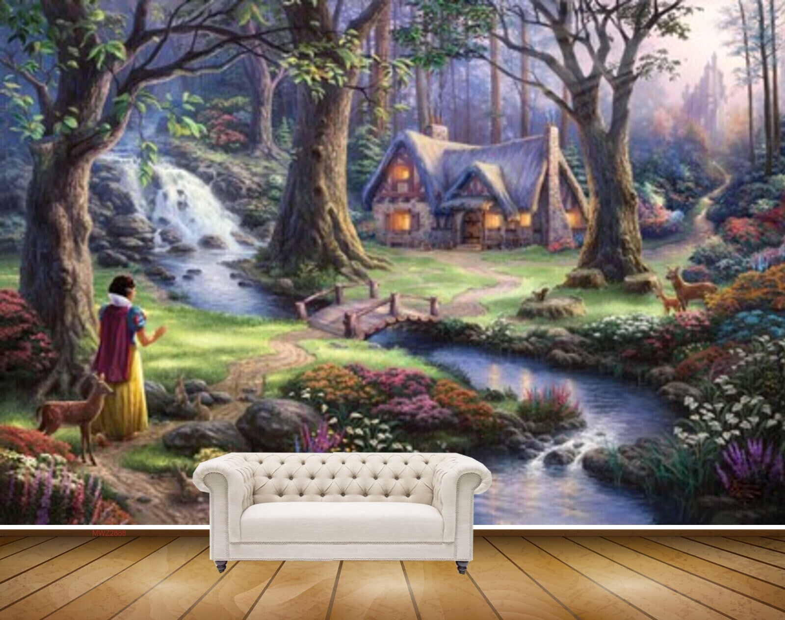 Avikalp MWZ2888 Waterfalls Trees House Girl Deers Flowers Grass River Pond Water Stones Painting HD Wallpaper