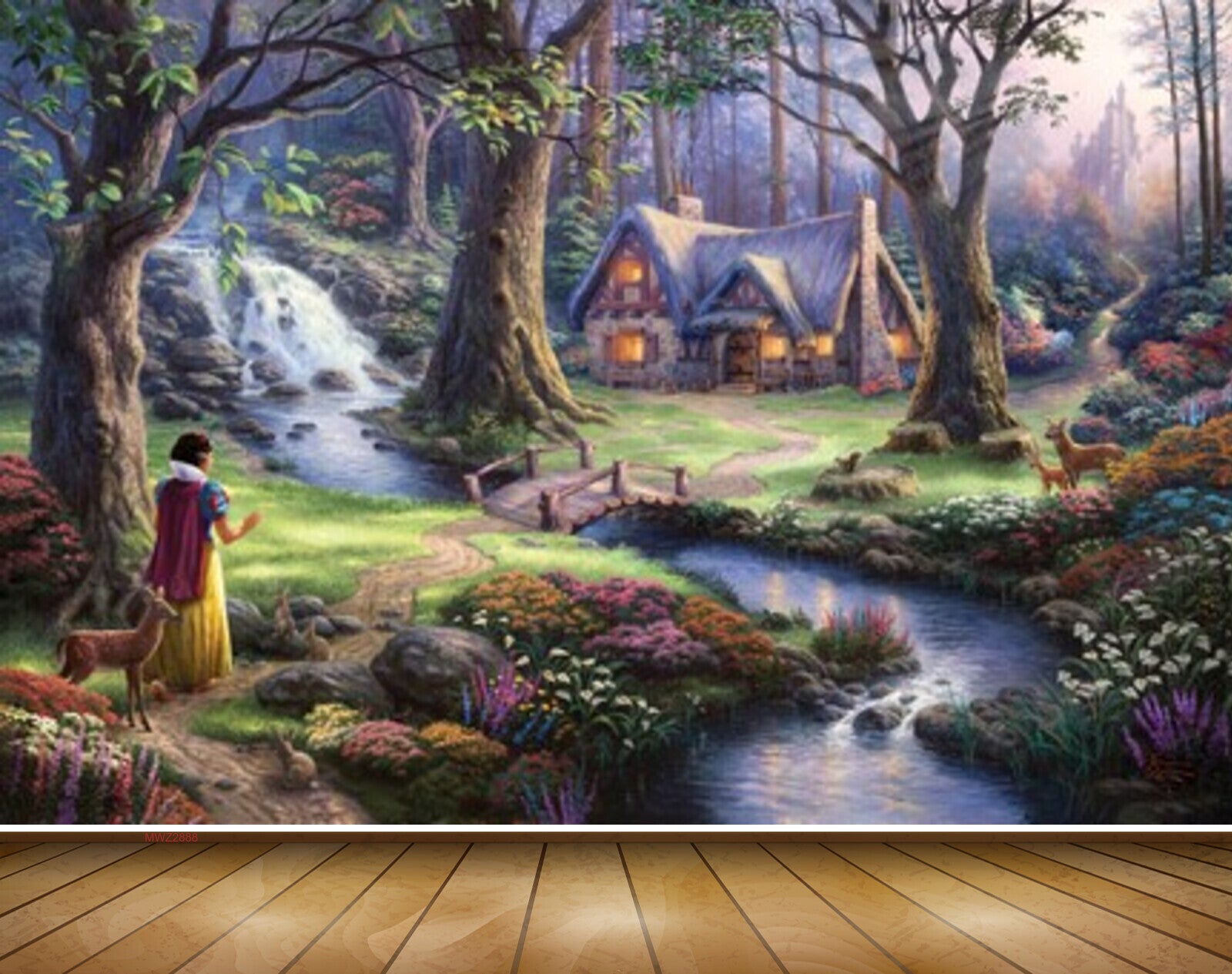 Avikalp MWZ2888 Waterfalls Trees House Girl Deers Flowers Grass River Pond Water Stones Painting HD Wallpaper