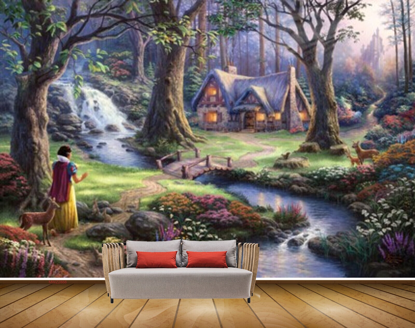 Avikalp MWZ2888 Waterfalls Trees House Girl Deers Flowers Grass River Pond Water Stones Painting HD Wallpaper