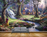 Avikalp MWZ2888 Waterfalls Trees House Girl Deers Flowers Grass River Pond Water Stones Painting HD Wallpaper