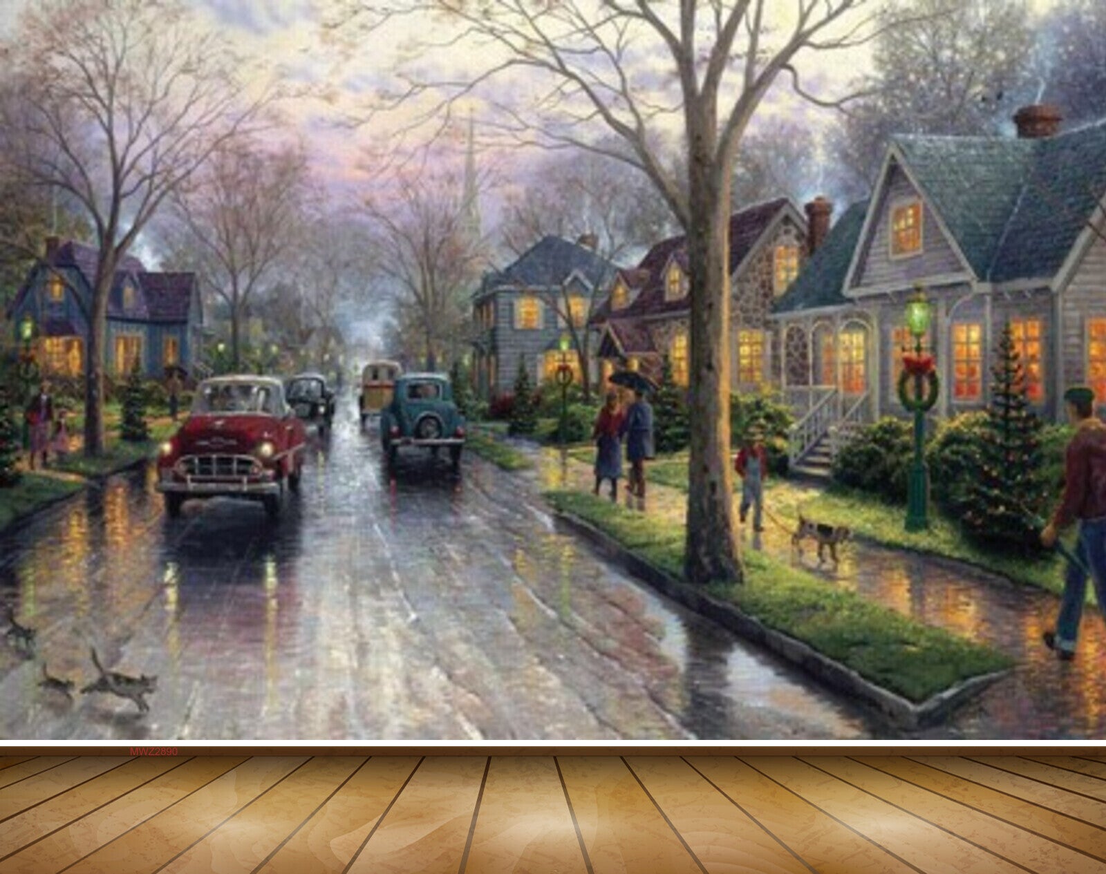 Avikalp MWZ2890 Houses Trees Road Cars People Dog Cat Grass Plants Painting HD Wallpaper