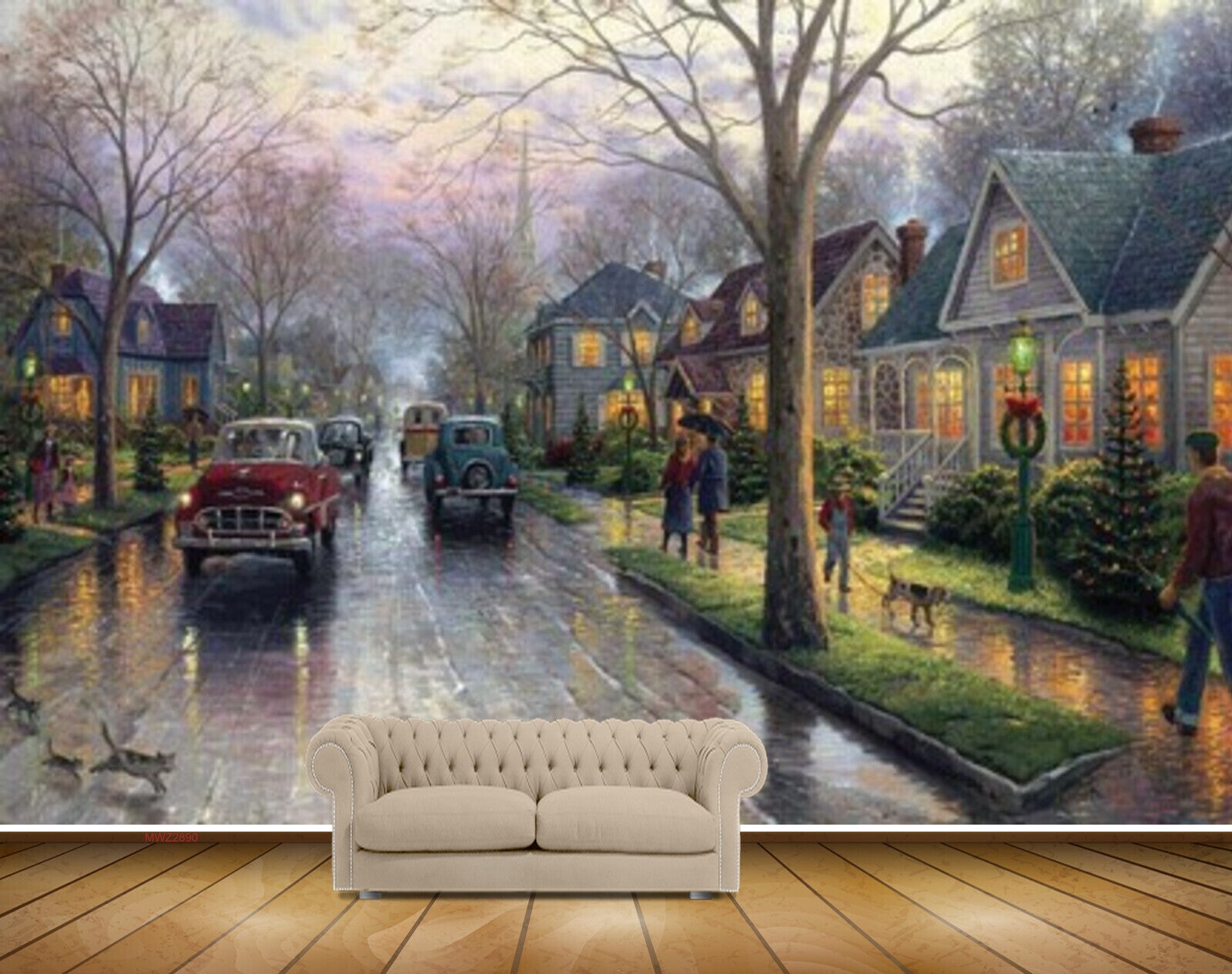 Avikalp MWZ2890 Houses Trees Road Cars People Dog Cat Grass Plants Painting HD Wallpaper