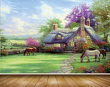 Avikalp MWZ2892 Sky House Horses Trees Grass Garden Plants Clouds Painting HD Wallpaper