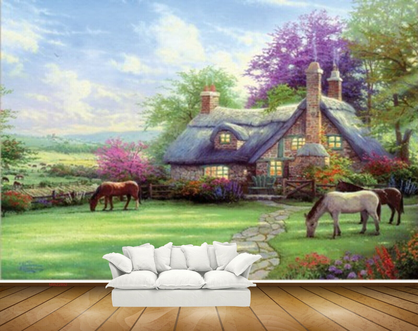 Avikalp MWZ2892 Sky House Horses Trees Grass Garden Plants Clouds Painting HD Wallpaper