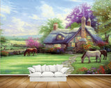 Avikalp MWZ2892 Sky House Horses Trees Grass Garden Plants Clouds Painting HD Wallpaper