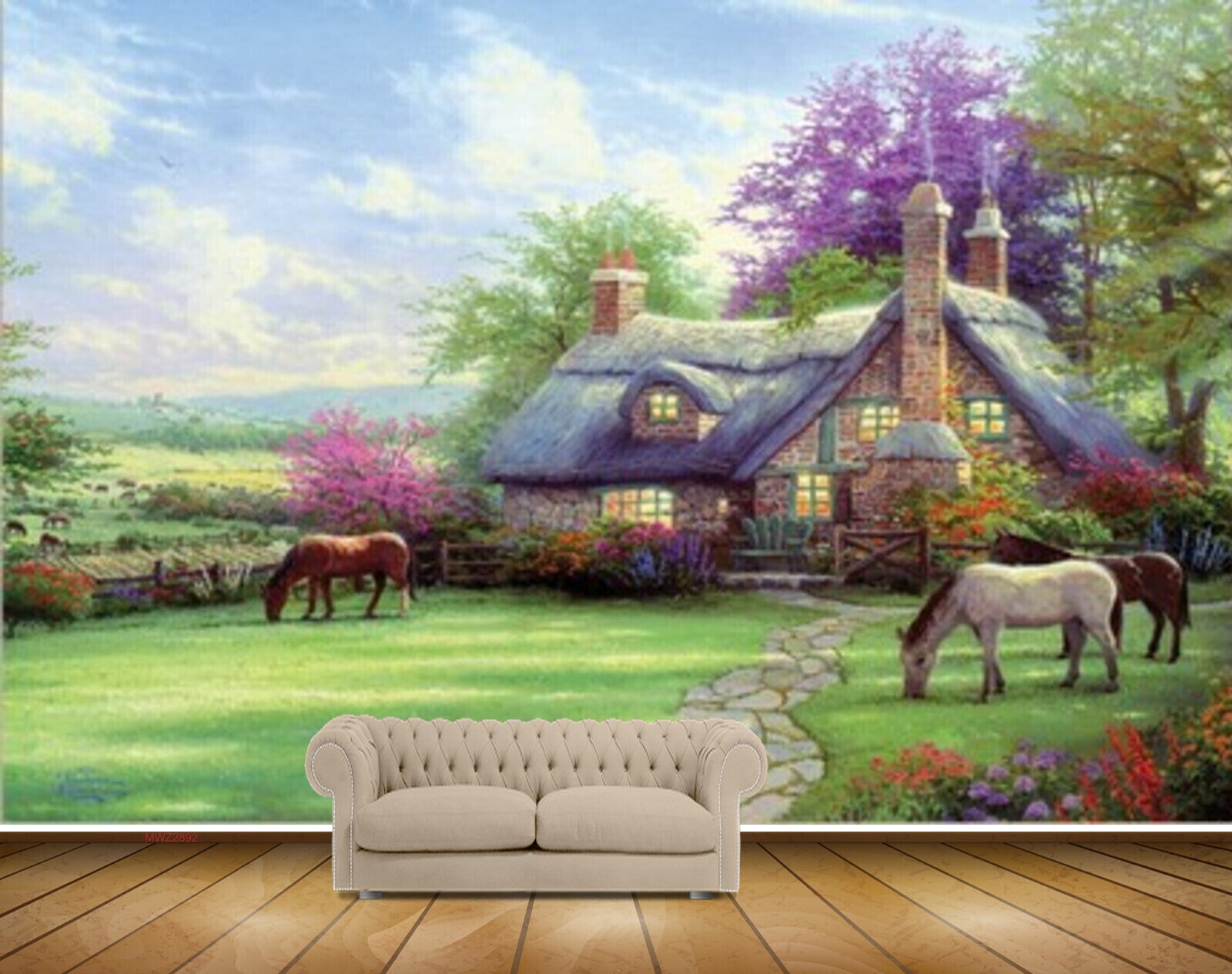 Avikalp MWZ2892 Sky House Horses Trees Grass Garden Plants Clouds Painting HD Wallpaper