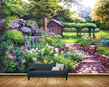 Avikalp MWZ2893 Trees Flowers House Steps Grass Plants Garden Painting HD Wallpaper