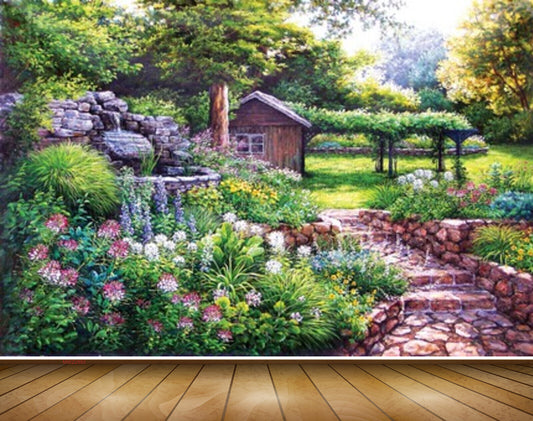 Avikalp MWZ2893 Trees Flowers House Steps Grass Plants Garden Painting HD Wallpaper