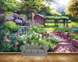 Avikalp MWZ2893 Trees Flowers House Steps Grass Plants Garden Painting HD Wallpaper