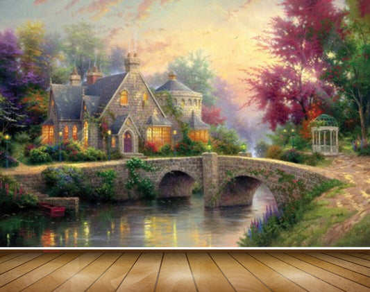 Avikalp MWZ2894 House Trees Pink Flowers Culverts Bridge Grass Road River Pond Water Boat Lamps Painting HD Wallpaper