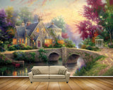 Avikalp MWZ2894 House Trees Pink Flowers Culverts Bridge Grass Road River Pond Water Boat Lamps Painting HD Wallpaper
