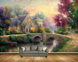 Avikalp MWZ2894 House Trees Pink Flowers Culverts Bridge Grass Road River Pond Water Boat Lamps Painting HD Wallpaper