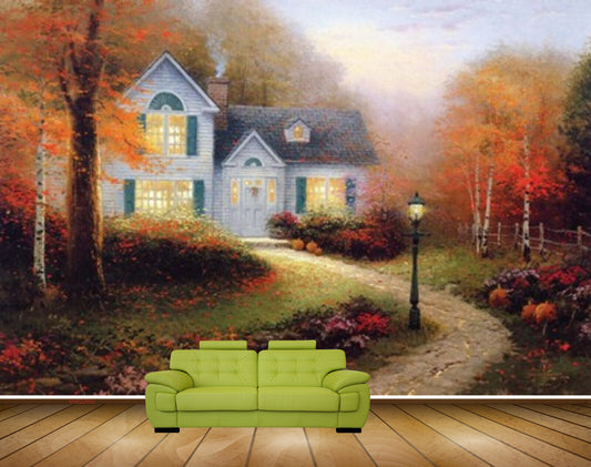 Avikalp MWZ2895 House Trees Leaves Lamp Grass Plants Road Painting HD Wallpaper