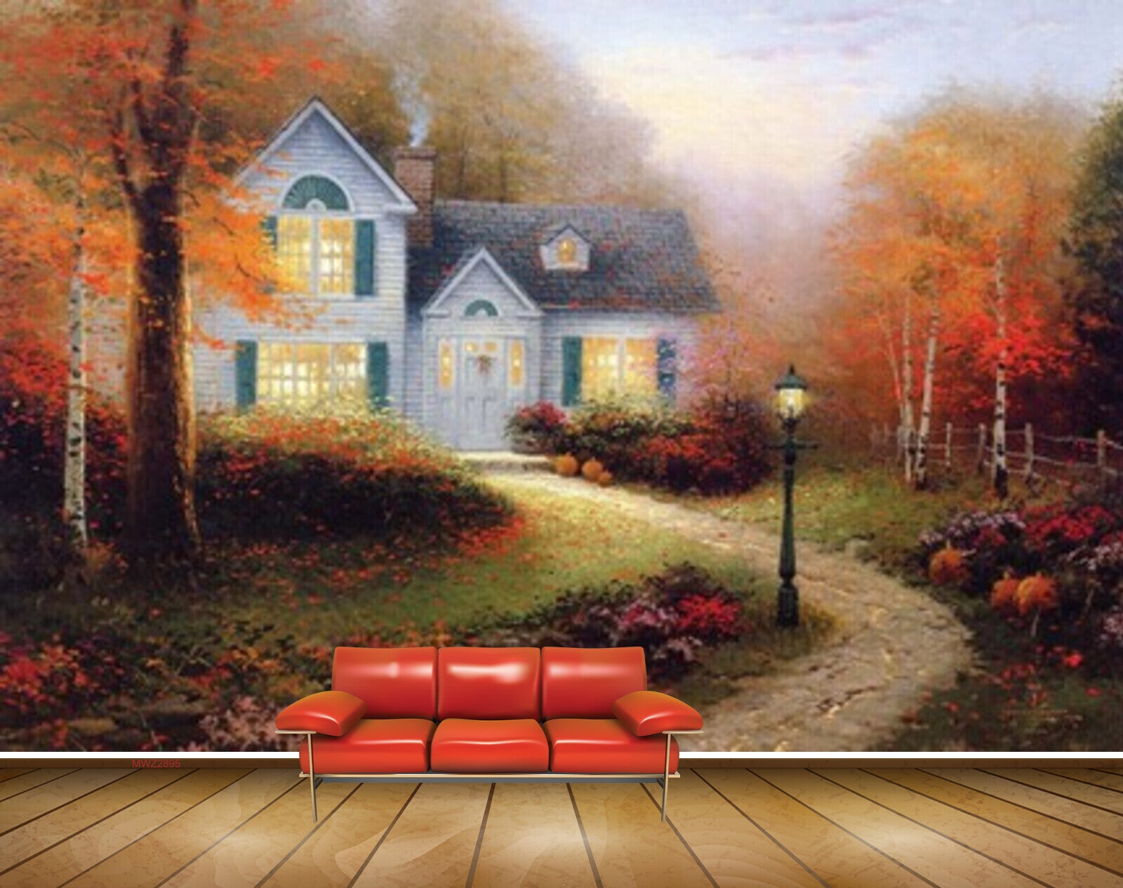 Avikalp MWZ2895 House Trees Leaves Lamp Grass Plants Road Painting HD Wallpaper