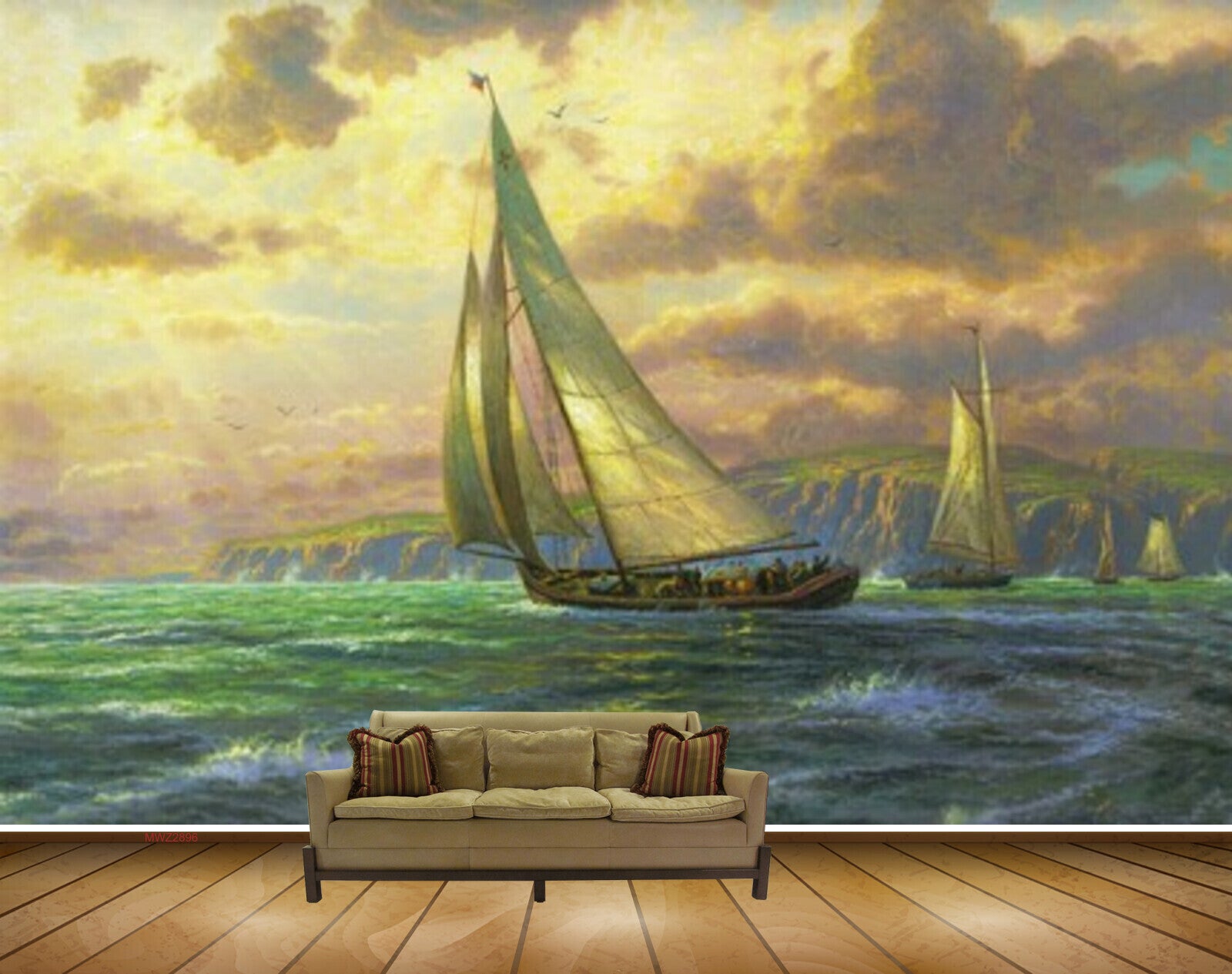 Avikalp MWZ2896 Clouds Sea Boats Island Water Ocean Painting HD Wallpaper